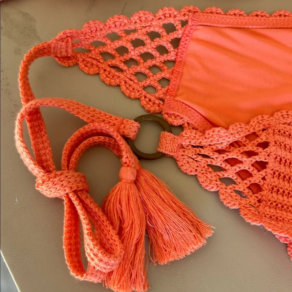 Aerie Crochet Bikini Set in Coral Top M Bottom Large - Picture 4 of 5
